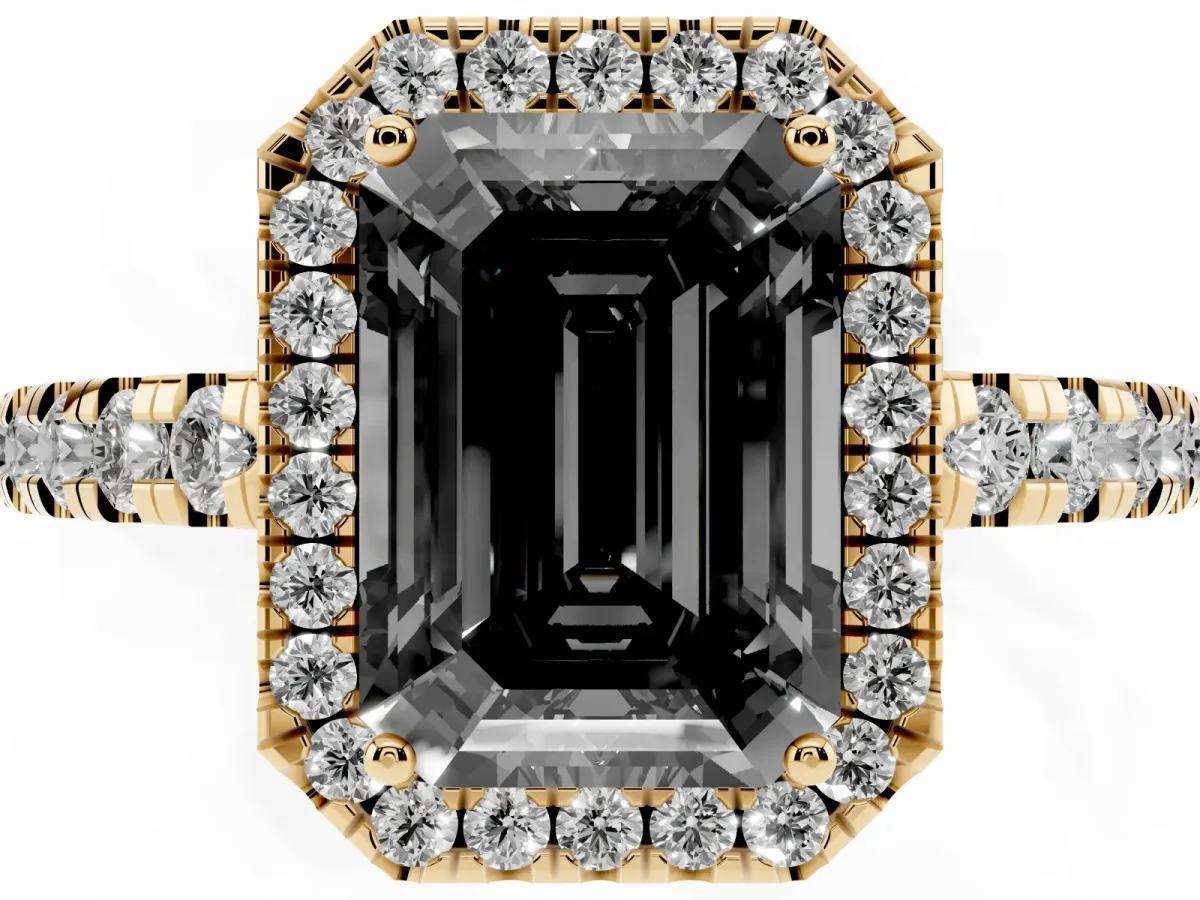 Fancy Black Emerald Cut Diamond Halo Ring with Pavé Band and Four-Prong Setting Yellow gold