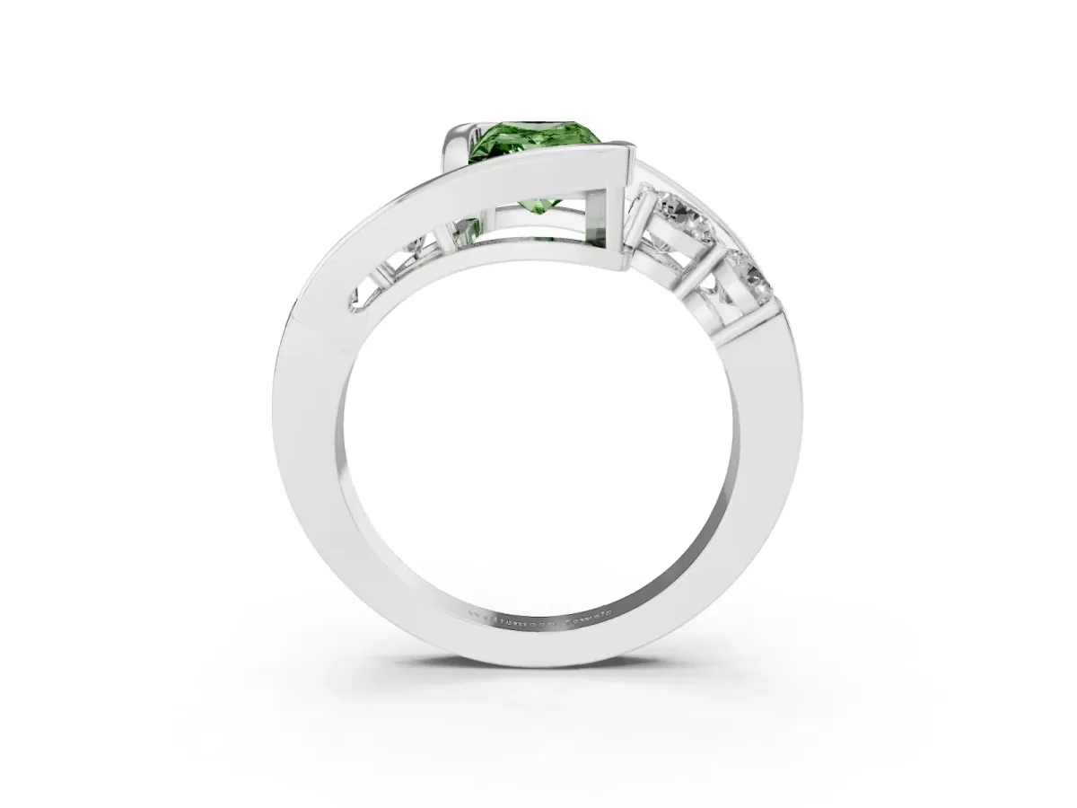 Fancy Green Bezel Set Radiant Cut Diamond Bypass Ring with Round Accents Silver
