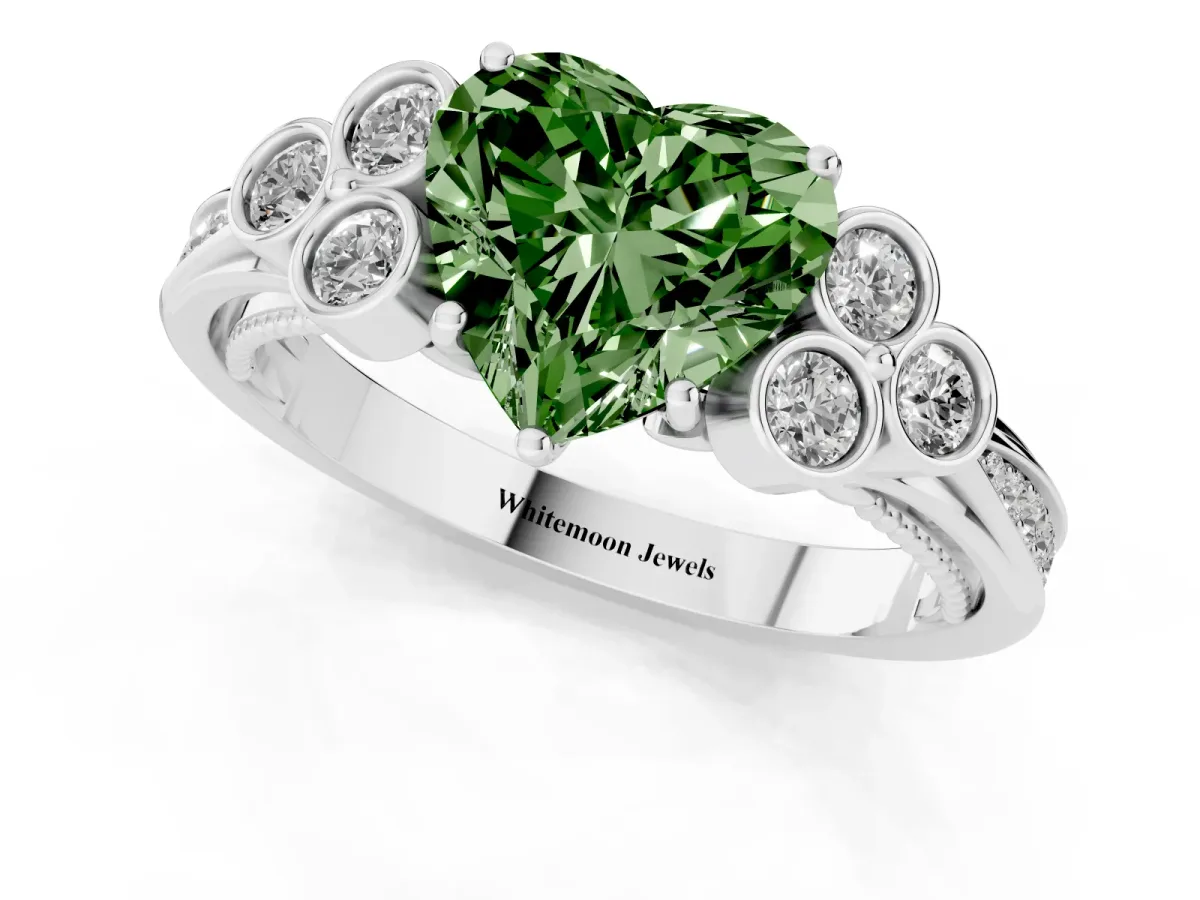 Fancy Green Heart Cut Cut Diamond Engagement Ring with Bezel Set Round Side Stones and Prong Setting Platinum
