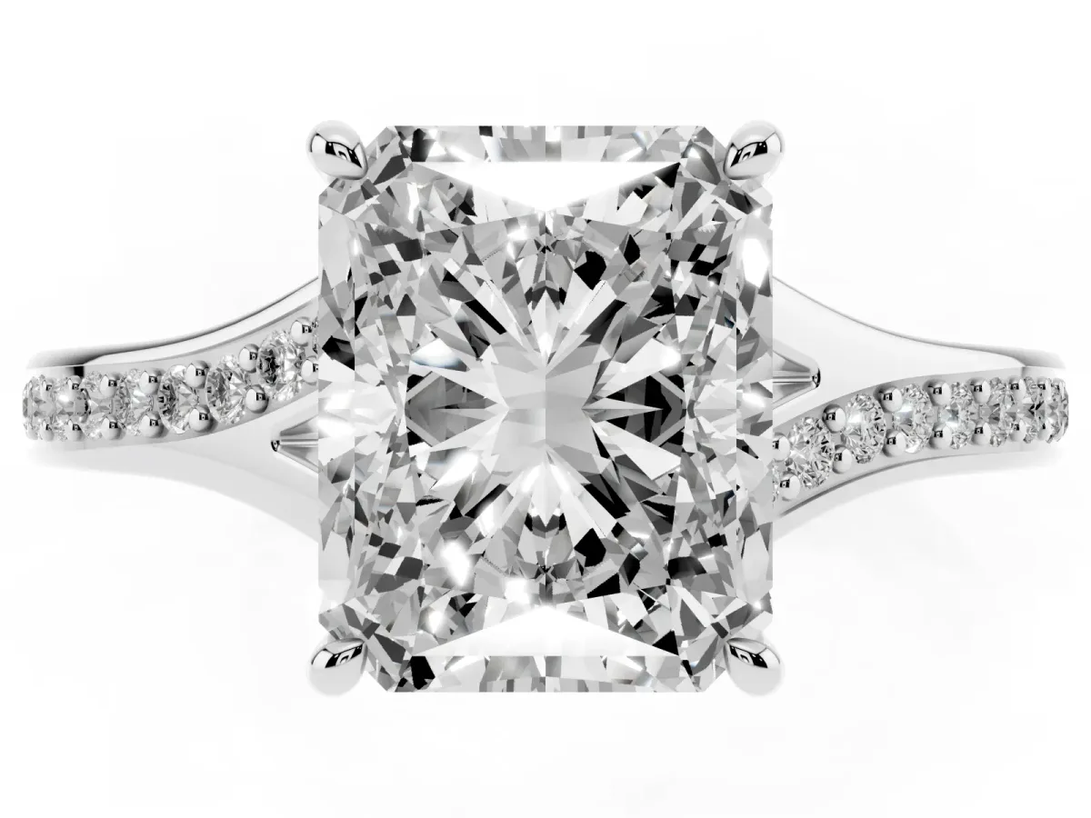 Radiant Cut Diamond Solitaire Ring with Pavé Band and Prong Setting Silver