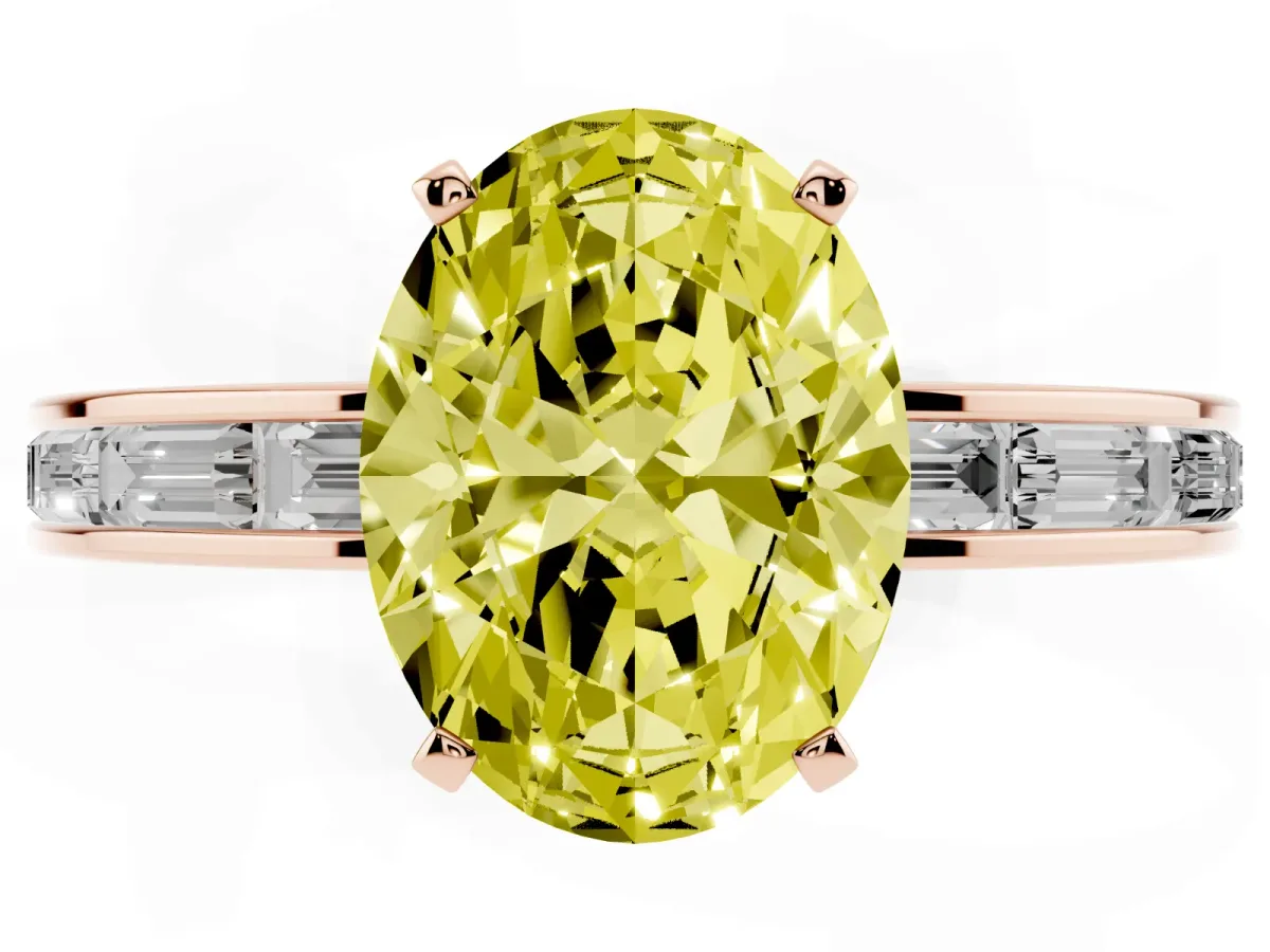 Fancy Yellow Oval Cut Solitaire Diamond Ring with Channel-Set Baguette Band and Four-Prong Setting Rose gold
