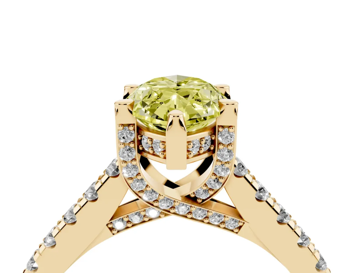 Fancy Yellow Marquise Cut Brilliant Diamond Solitaire with Pavé Band and Four-Prong Setting Yellow gold