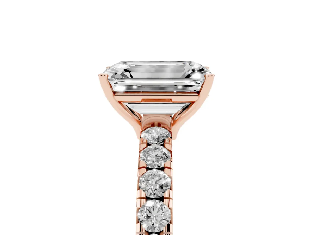 Emerald Cut Diamond Pavé Solitaire Engagement Ring with Four-Prong Setting Rose gold