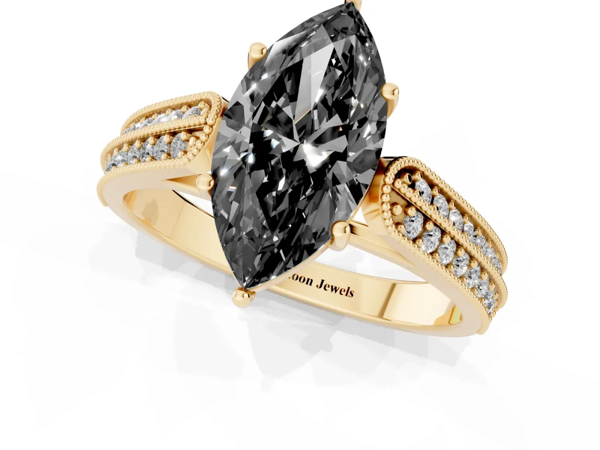 Fancy Black Marquise Cut Cut Pave Split Shank Engagement Ring with Four-Prong Setting Yellow gold
