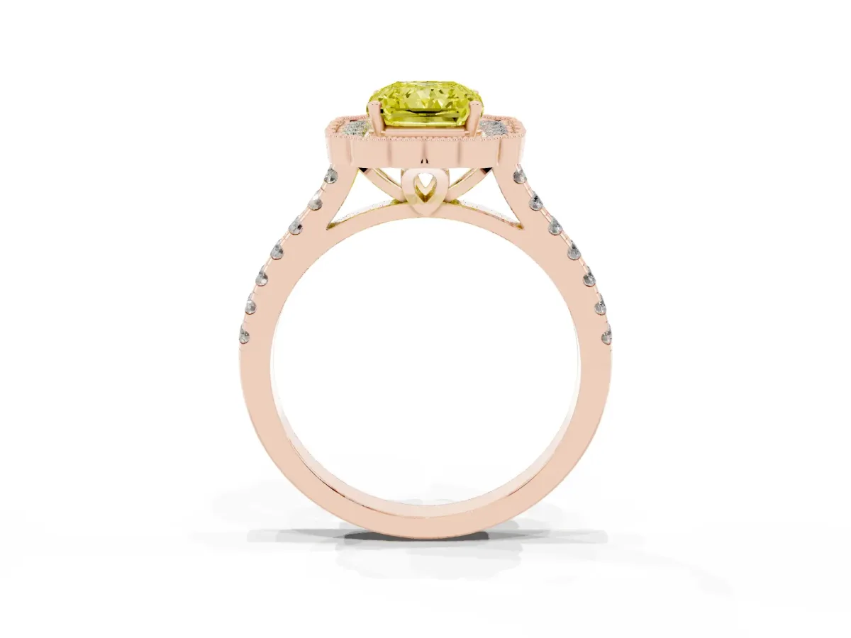 Fancy Yellow Radiant Cut Cut Diamond Milgrain Floral Halo Engagement Ring with Pavé Band Rose gold