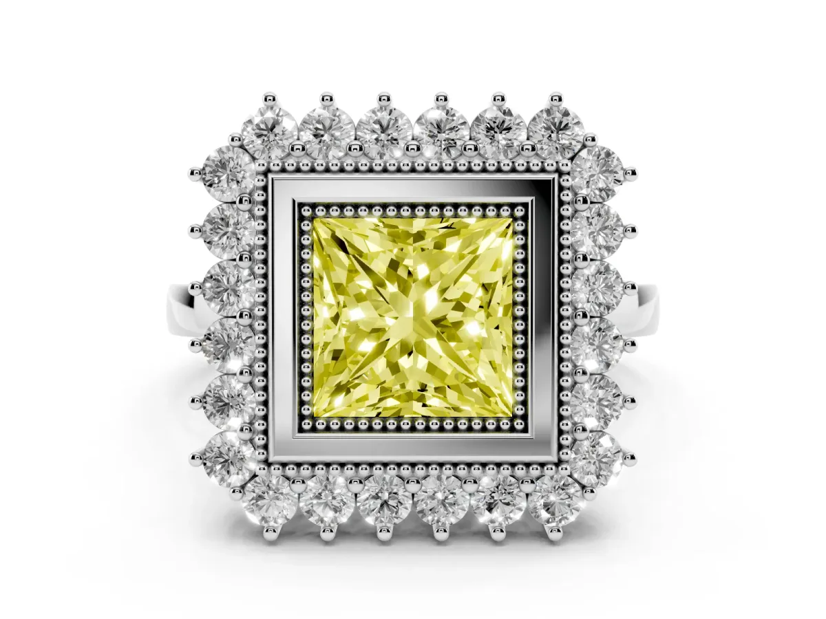 Fancy Yellow Princess Cut Halo Diamond Ring with Milgrain Edge and Round Prong Setting Silver