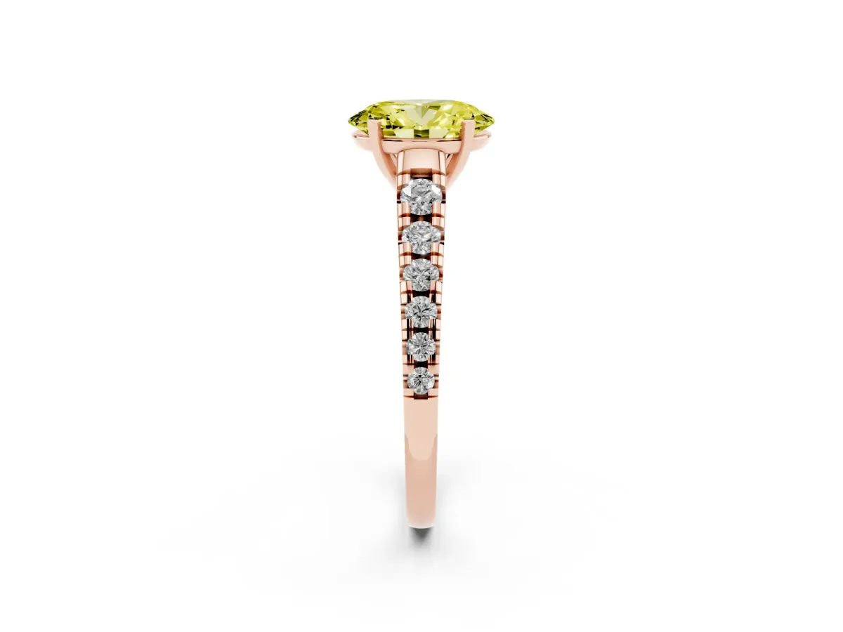Fancy Yellow Oval Cut Diamond Cathedral Solitaire Ring with Round Pavé Band Rose gold