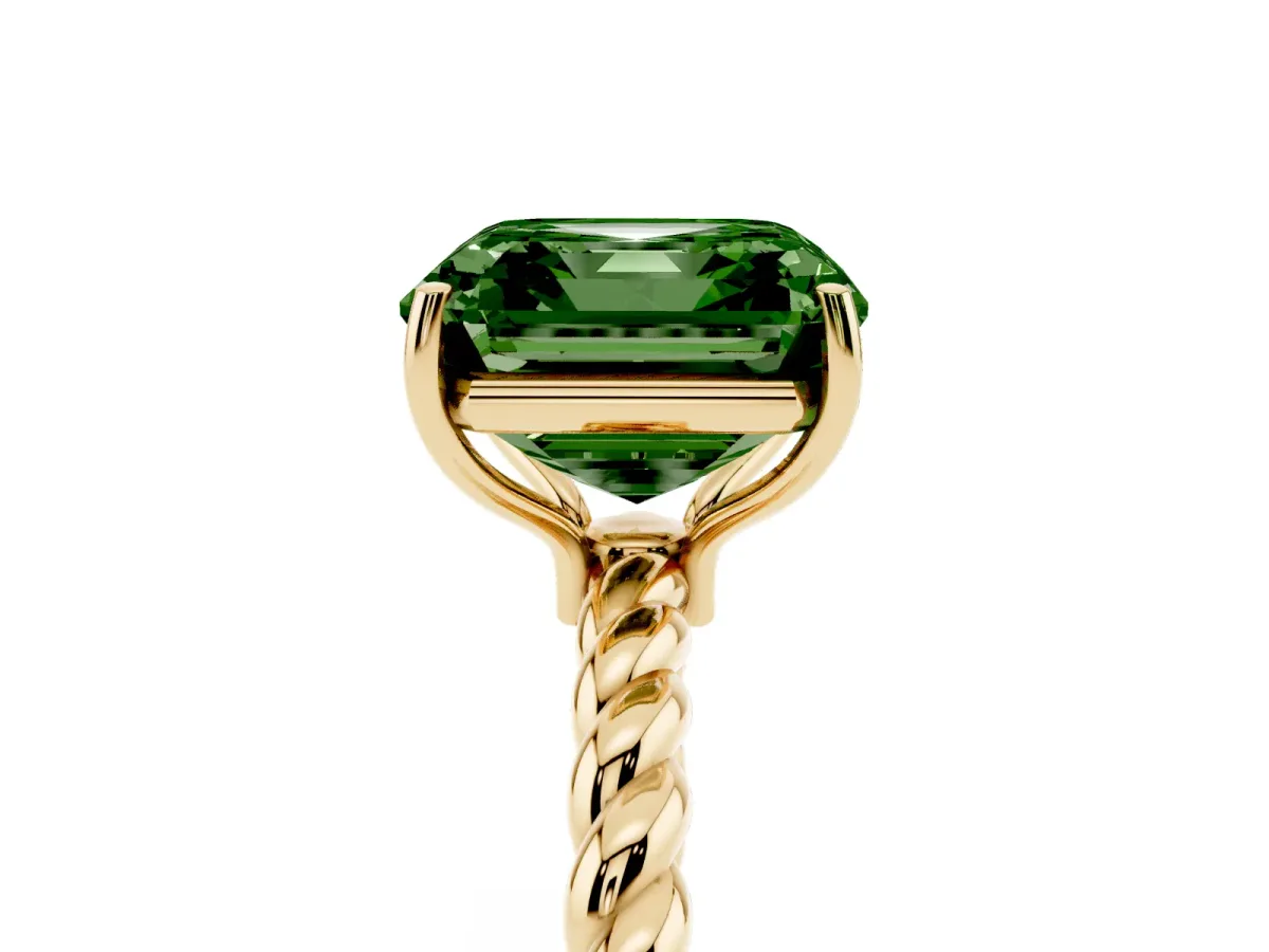 Fancy Green Asscher Cut Solitaire Twist Band Ring with Four-Prong Setting Yellow gold