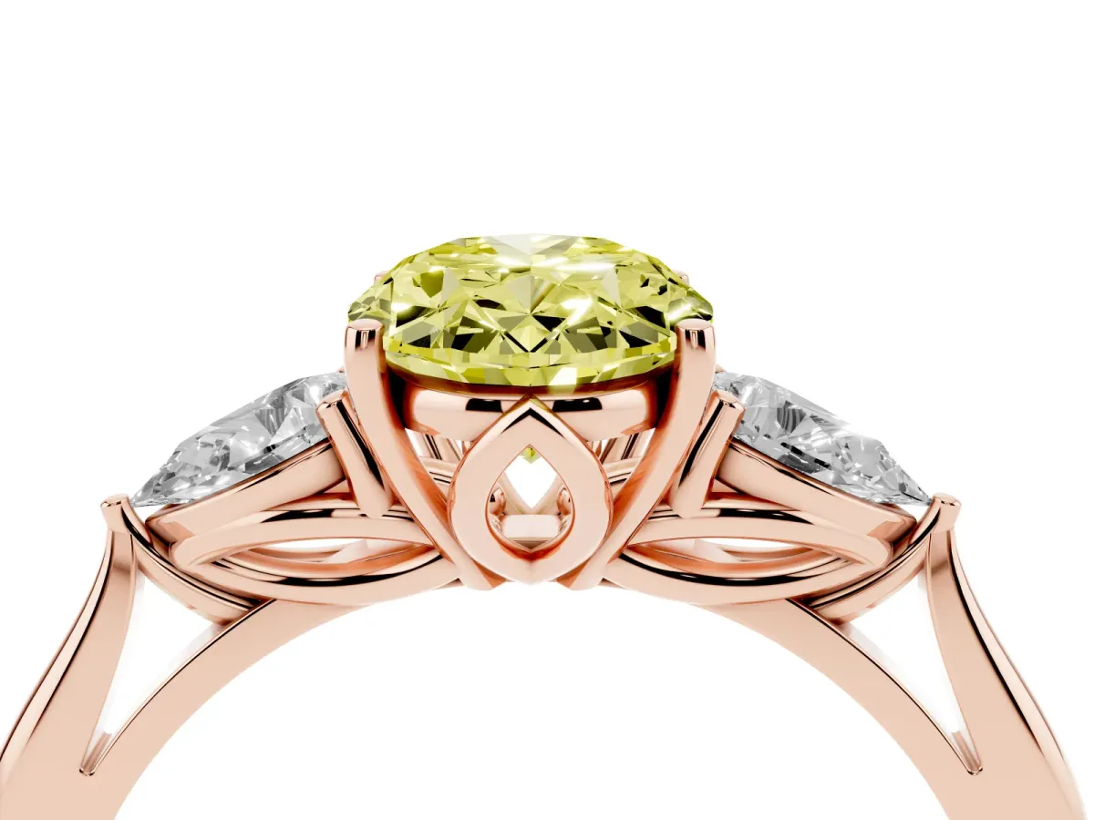 Fancy Yellow Oval Cut Diamond Three-Stone Ring with Pear Side Stones and Prong Setting Rose gold