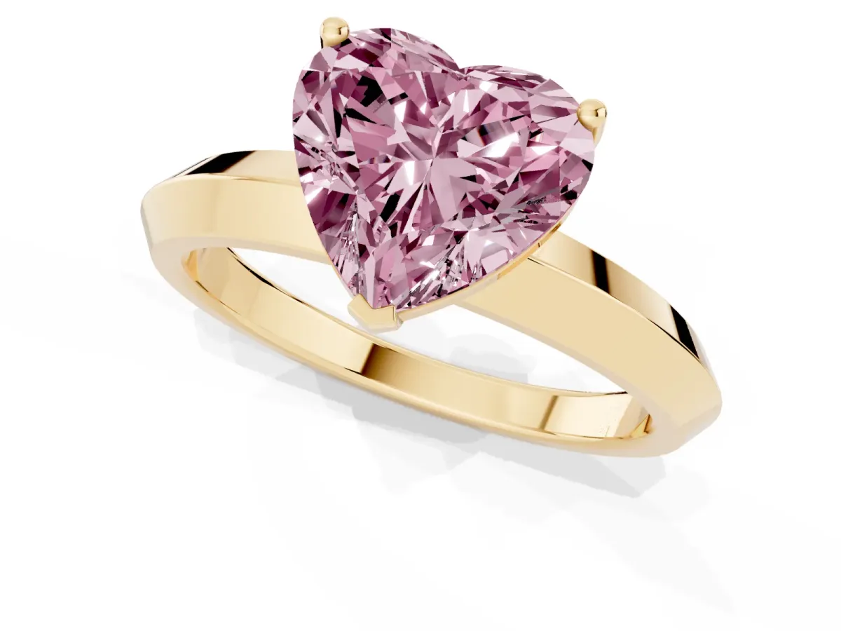 Fancy Pink Heart Cut Cut Solitaire Engagement Ring with Flat Band and Four-Prong Setting Yellow gold