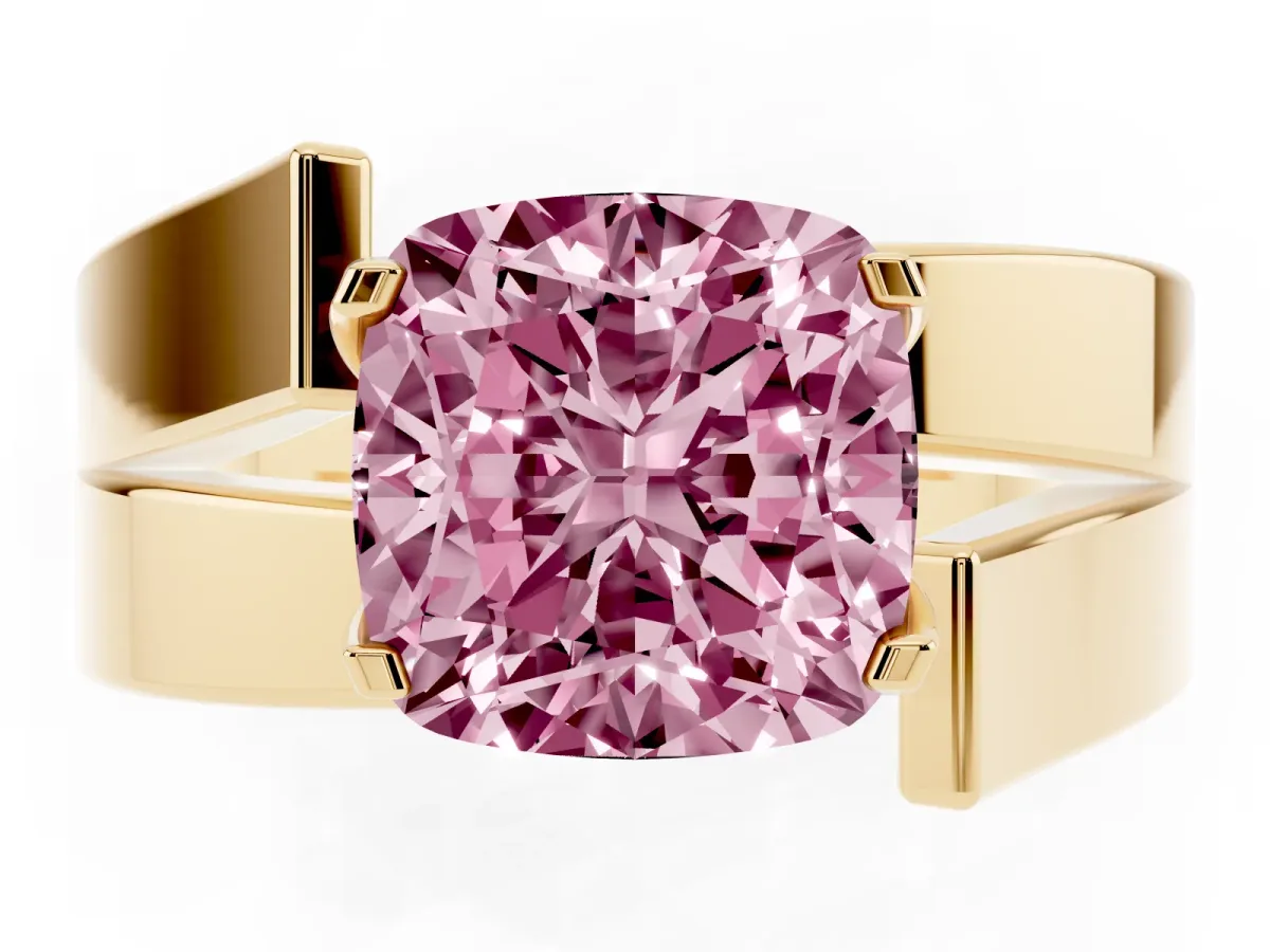 Fancy Pink Modern Tension Set Cushion Cut Diamond Solitaire Wide Band Ring Yellow gold