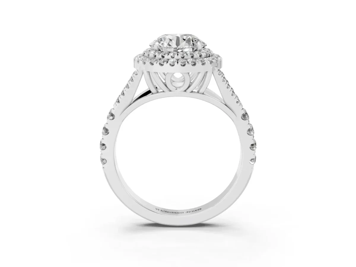 Double Halo Round Cut Diamond Split Shank Engagement Ring with Four-Prong Setting Silver