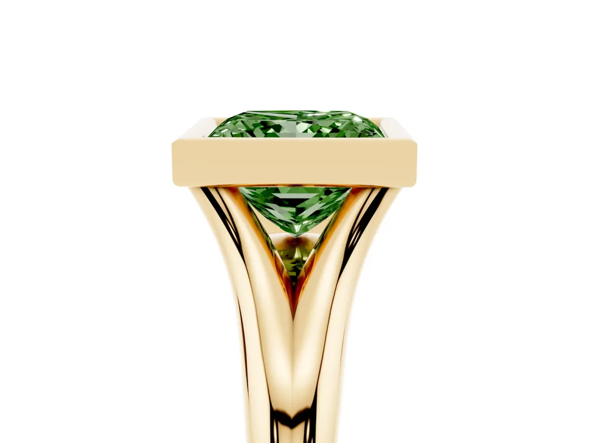 Fancy Green Bezel Set Princess Cut Solitaire Diamond Ring with Smooth Band Yellow gold