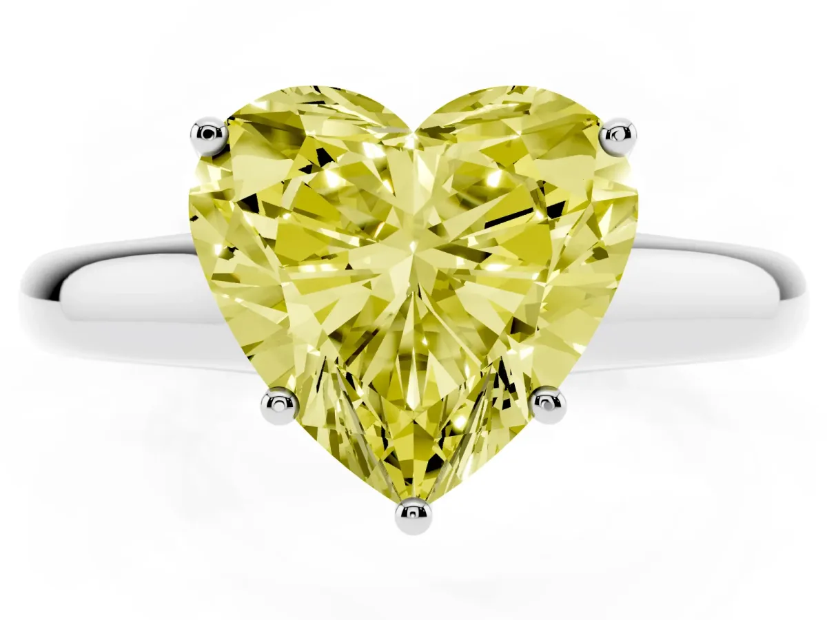 Fancy Yellow Heart Cut Cut Diamond Solitaire Engagement Ring with Tapered Plain Band and Four-Prong Setting Platinum