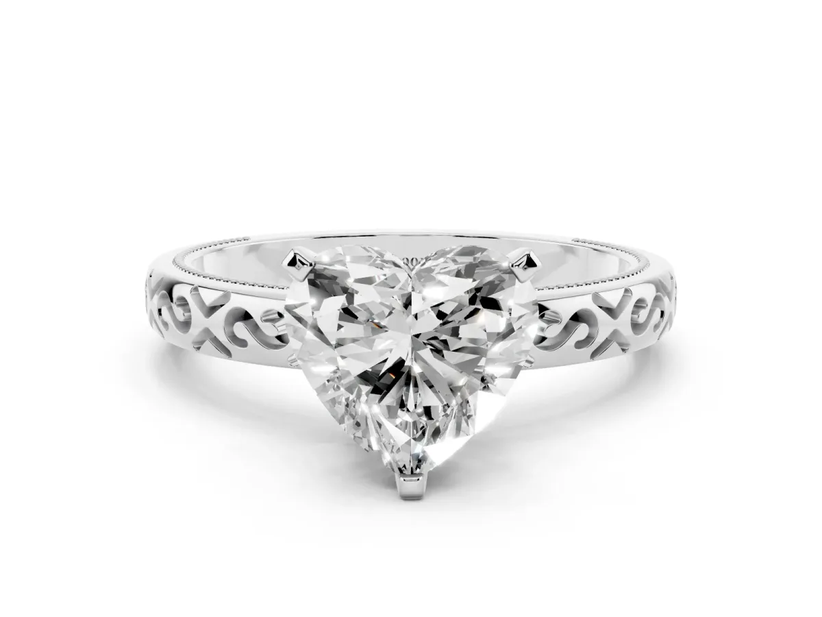 Heart Cut Solitaire Engagement Ring with Scrollwork Band and Four-Prong Setting White gold
