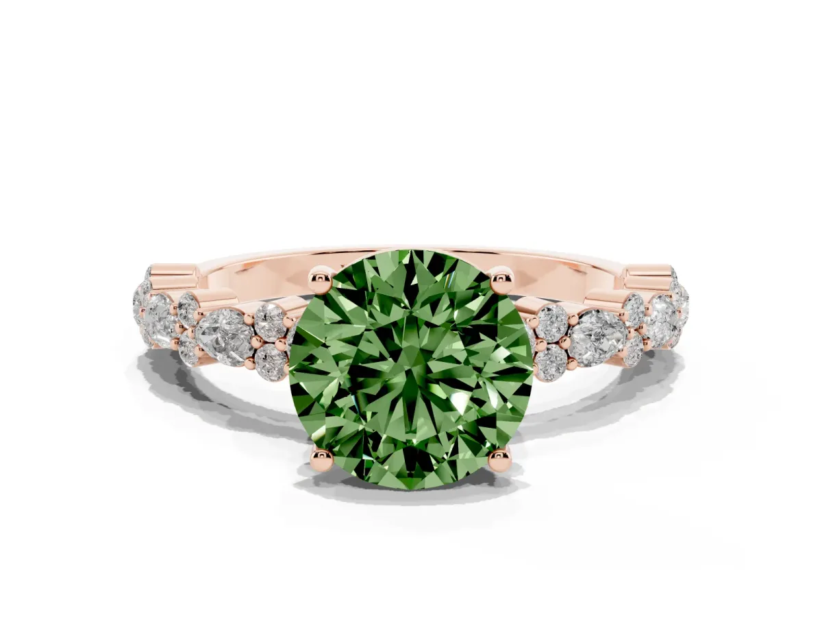 Fancy Green Round Cut Diamond Side Stone Solitaire Ring with Round and Four-Prong Setting Rose gold