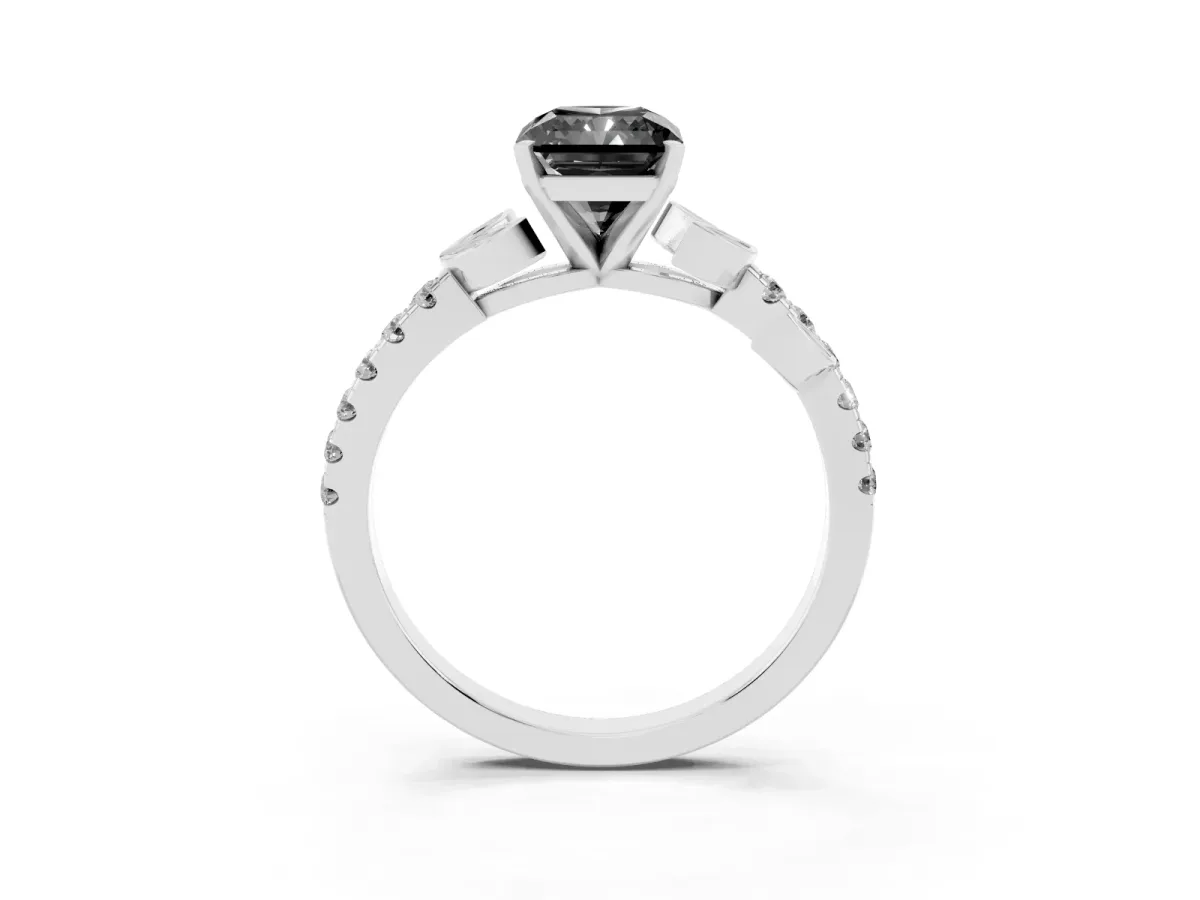 Fancy Black Radiant Cut Solitaire Leaf-Inspired Diamond Ring with Pavé Band and Four-Prong Setting Silver