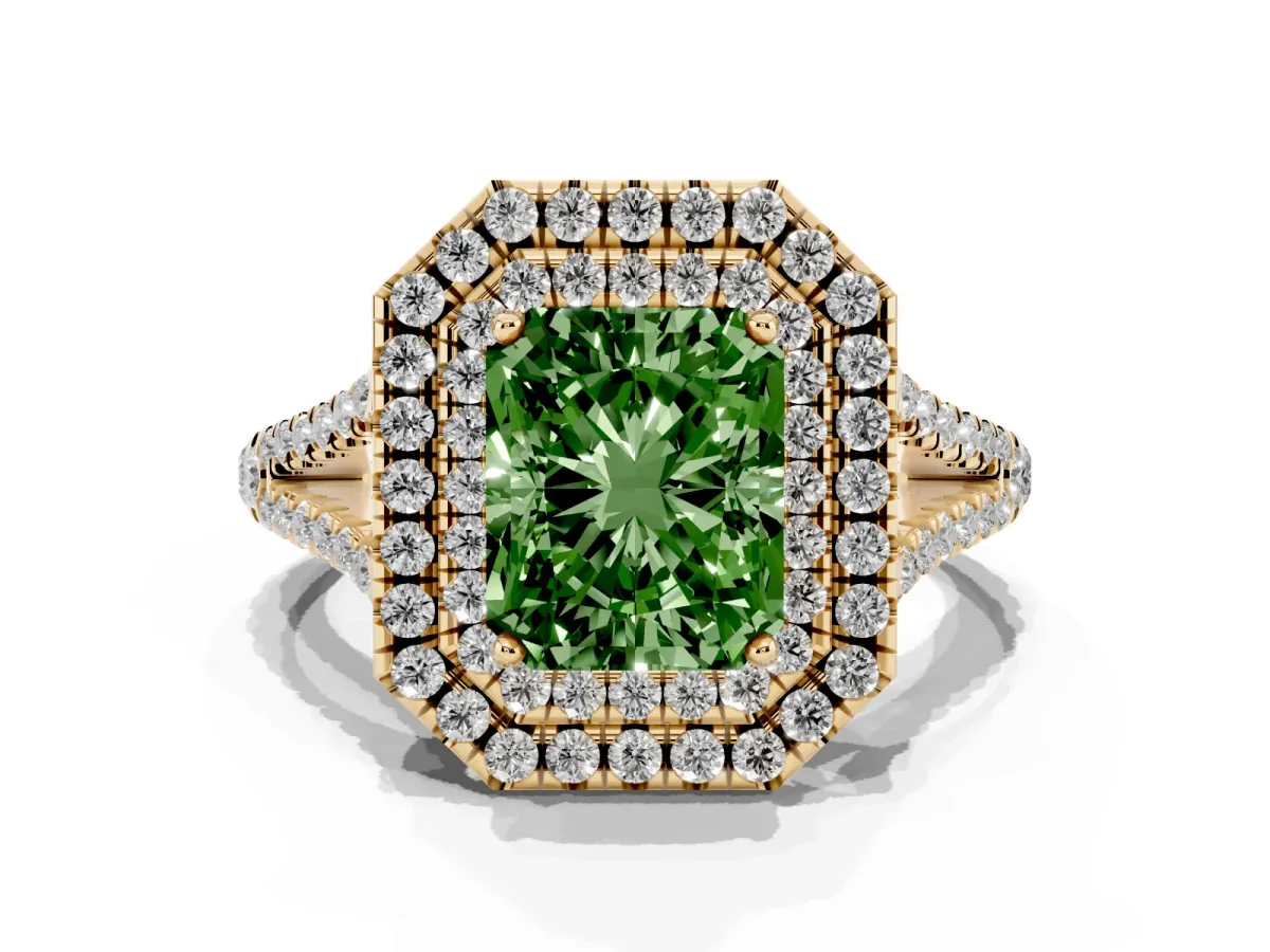 Fancy Green Radiant Cut Diamond Double Halo Ring with Pavé Band and Prong Setting Yellow gold