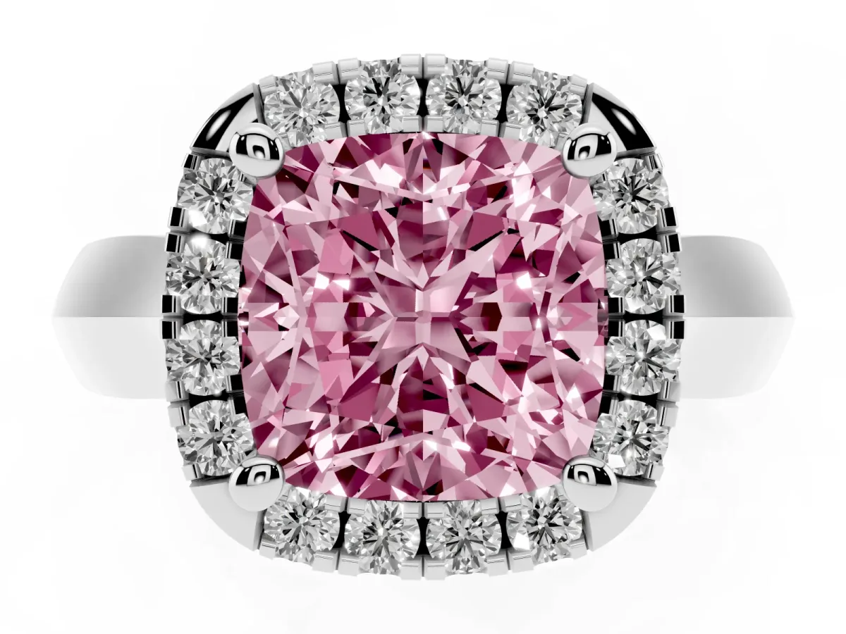 Fancy Pink Cushion Cut Cut Halo Solitaire Engagement Ring with Square Band and Four-Prong Setting White gold