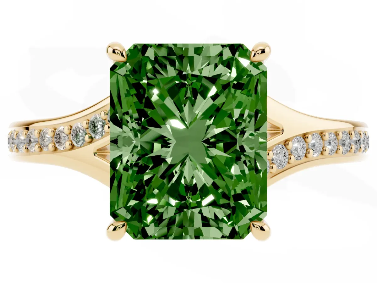 Fancy Green Radiant Cut Diamond Solitaire Ring with Pavé Band and Prong Setting Yellow gold