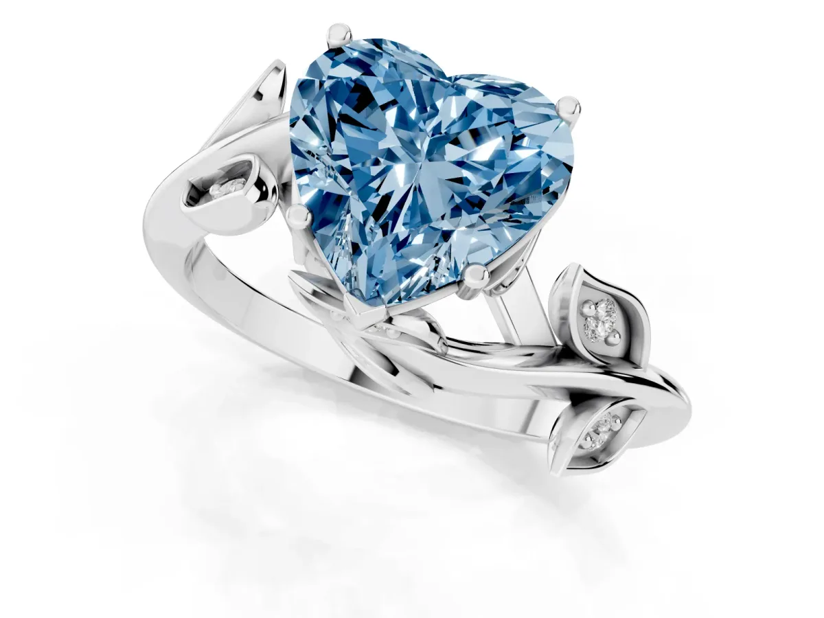 Fancy Blue Heart Cut Solitaire Twist Engagement Ring with Leaf Accents and Prong Setting White gold