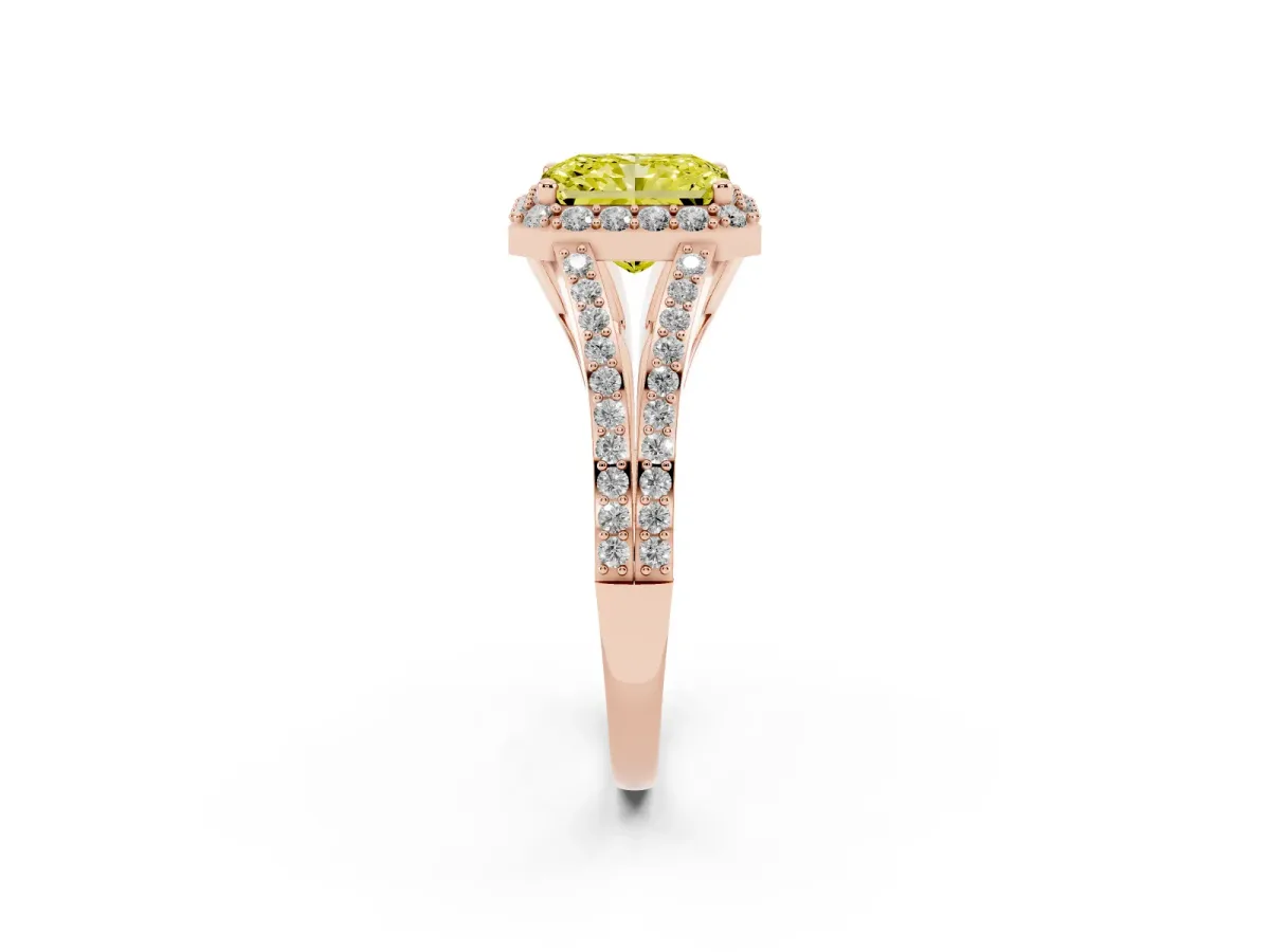 Fancy Yellow Radiant Cut Halo Split Shank Pave Diamond Ring with Four-Prong Setting Rose gold