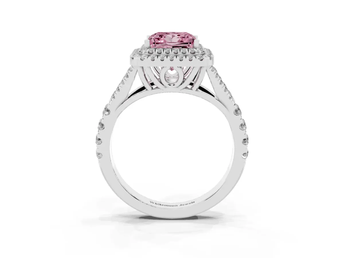 Fancy Pink Princess Cut Diamond Pavé Split Shank Double Halo Engagement Ring Silver