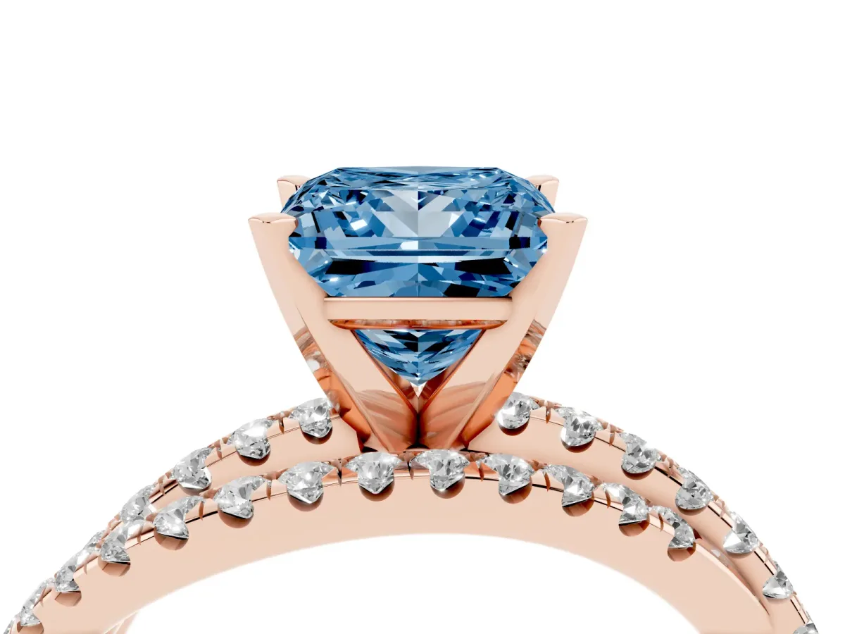 Fancy Blue Princess Cut Solitaire Twist Band with Pavé Setting and Four-Prong Setting Rose gold