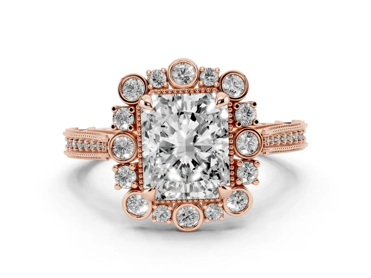 Radiant Cut Halo Milgrain Pave Diamond Ring with Four-Prong Setting Rose gold