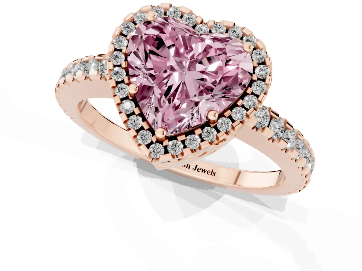 Fancy Pink Heart Cut Diamond Halo Engagement Ring with Pavé Band and Prong Setting Rose gold