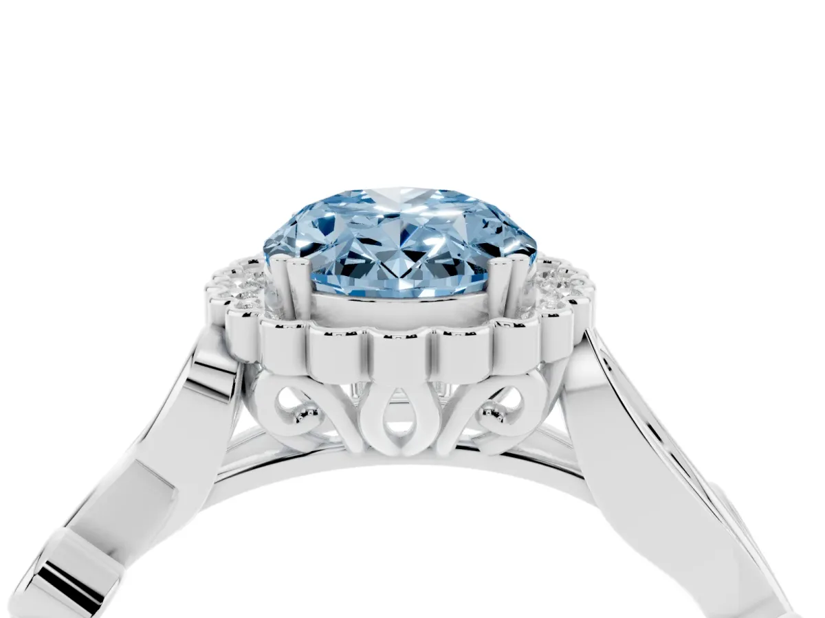 Fancy Blue Oval Cut Diamond Halo Ring with Vintage Split Shank and Four-Prong Setting Silver