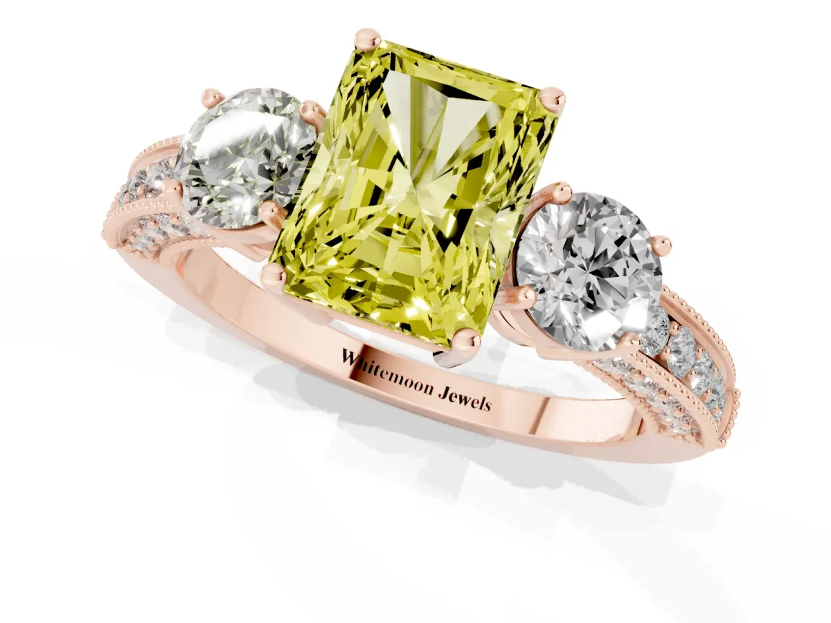 Fancy Yellow Radiant Cut Three-Stone Diamond Ring with Pavé Band and Four-Prong Setting Rose gold