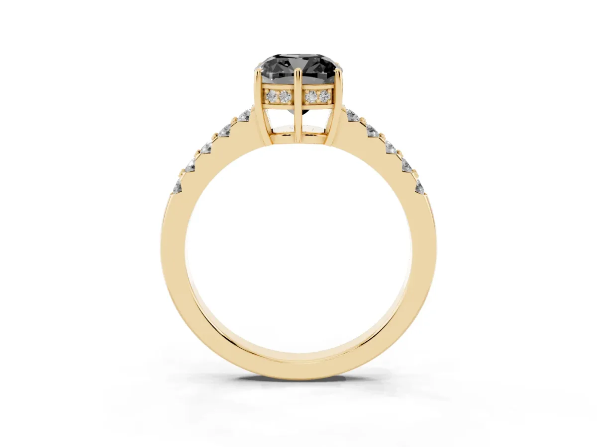 Fancy Black Cushion Cut Solitaire Diamond Engagement Ring with Pavé Band and Six-Prong Setting Yellow gold