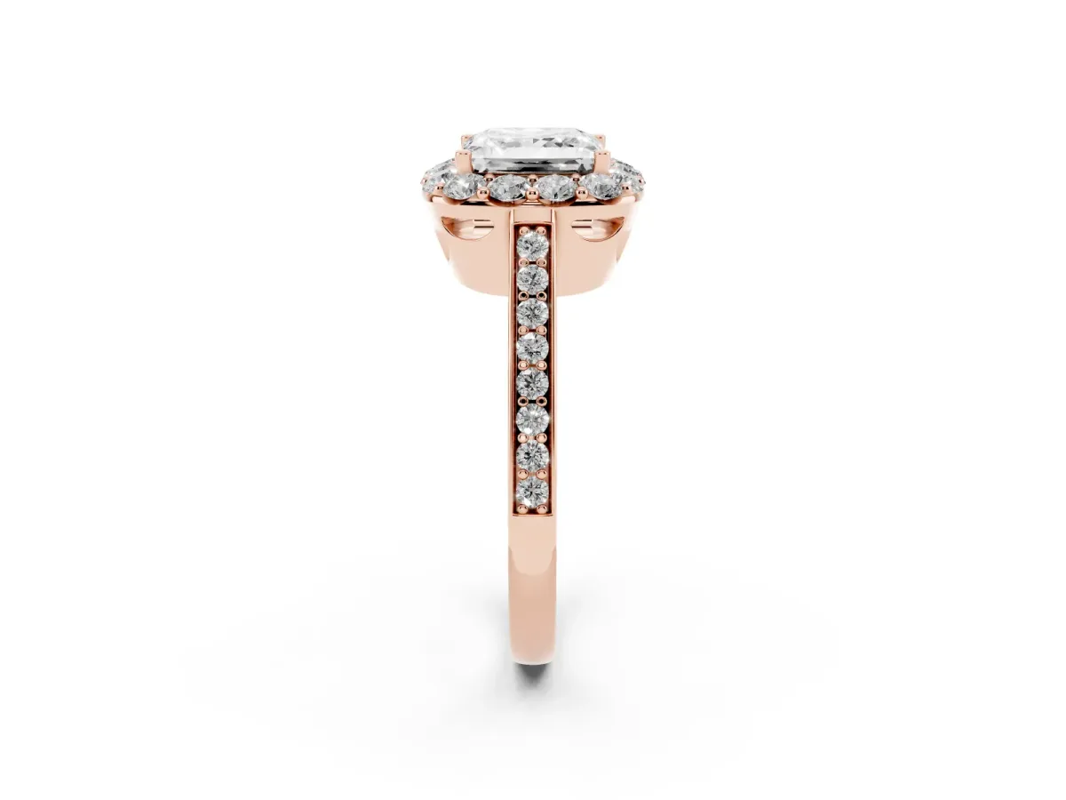Princess Cut Diamond Floral Halo Ring with Pavé Band and Prong Setting Rose gold