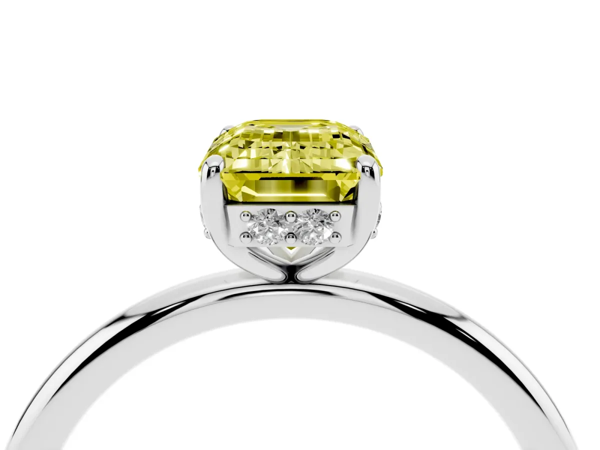 Fancy Yellow Emerald Cut Solitaire Diamond Ring with a Classic Band and Four-Prong Setting Silver