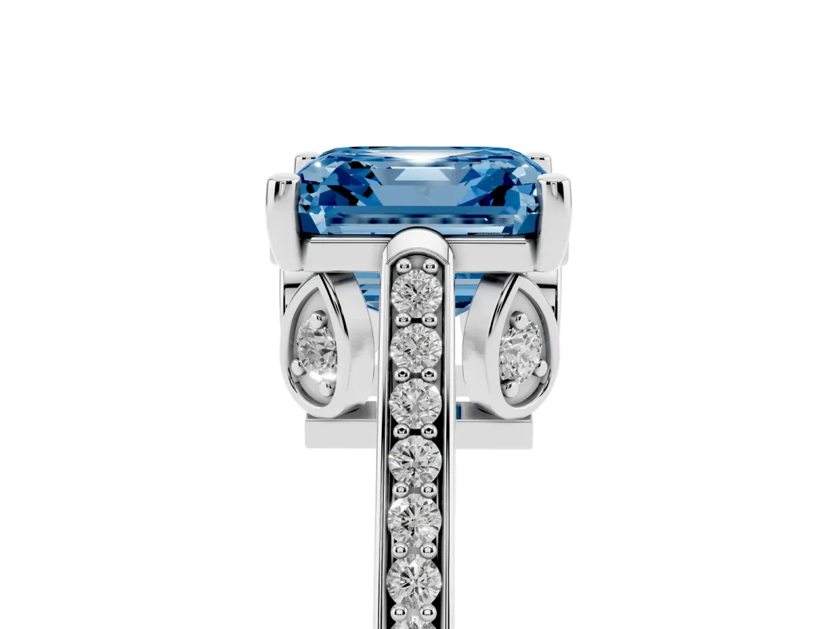 Fancy Blue Asscher Cut Cut Cathedral Pave Diamond Engagement Ring with Six-Prong Setting Silver