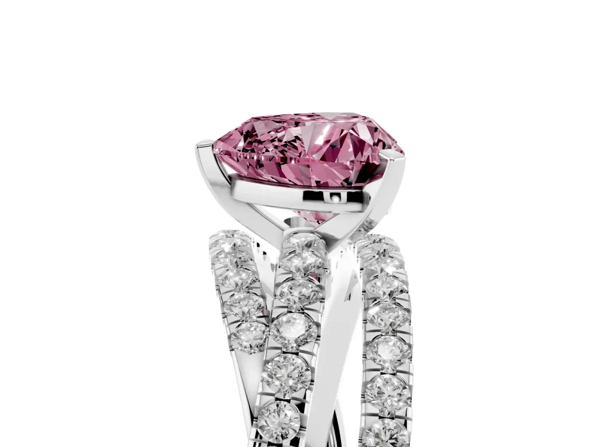 Fancy Pink Heart Cut Solitaire Twist Band with Pavé Setting and Four-Prong Setting Silver