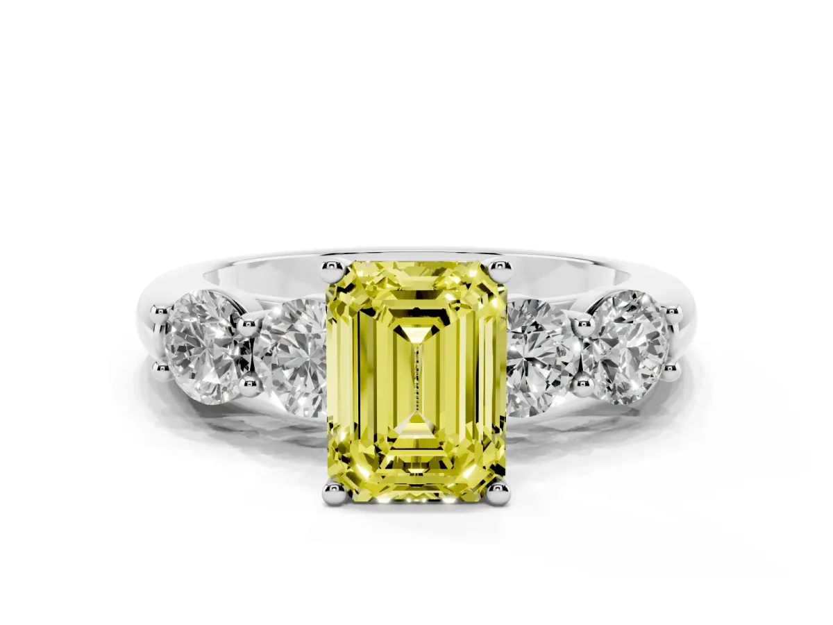 Fancy Yellow Emerald Cut Cut Five-Stone Prong Set Diamond Ring with Classic Band Platinum