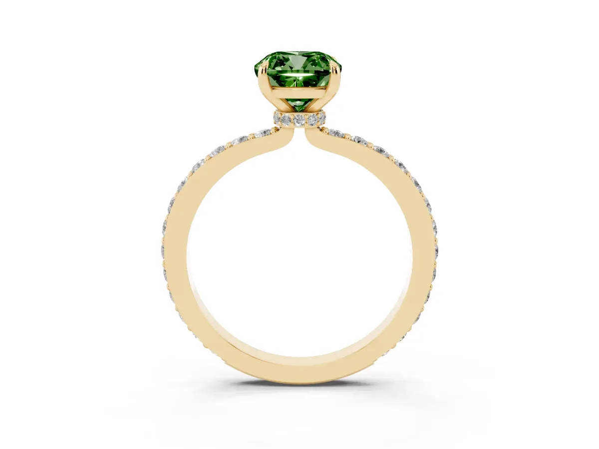 Fancy Green Cushion Cut Diamond Solitaire Engagement Ring with Pavé Band and Four-Prong Setting Yellow gold