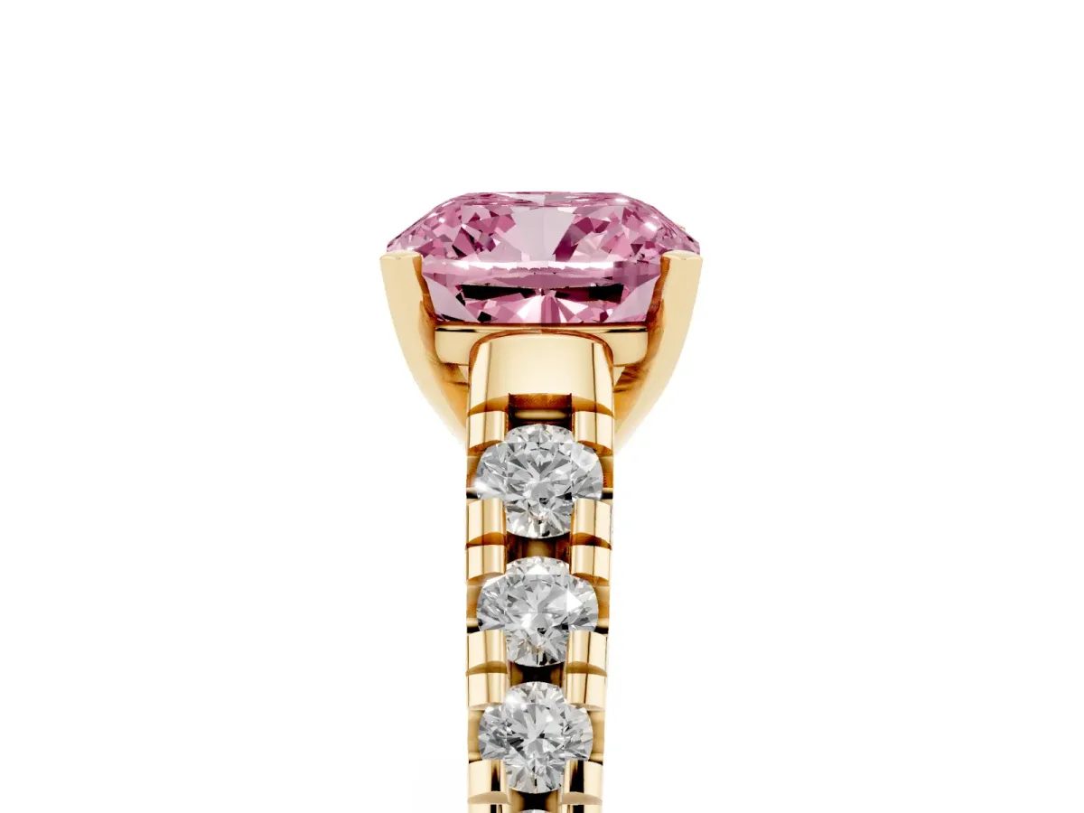 Fancy Pink Cushion Cut Diamond Cathedral Solitaire Ring with Round Pavé Band Yellow gold