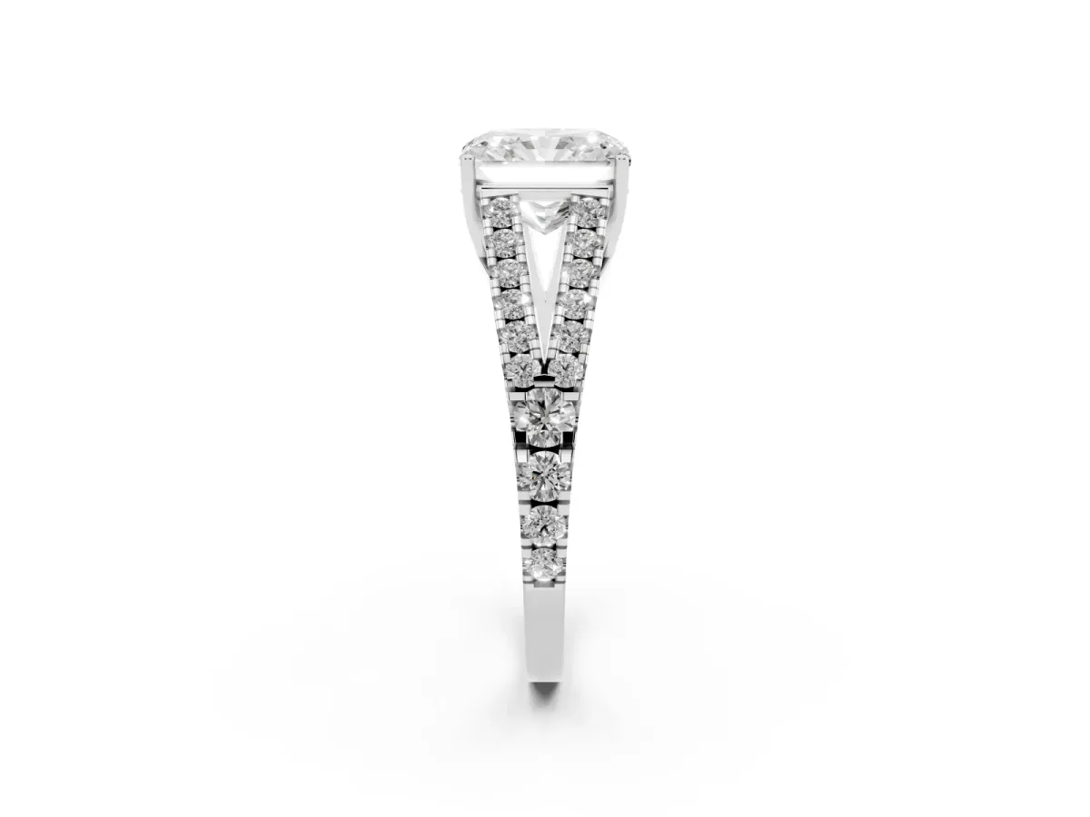 Radiant Cut Diamond Split Shank Engagement Ring with Round Pavé and Prong Setting Silver