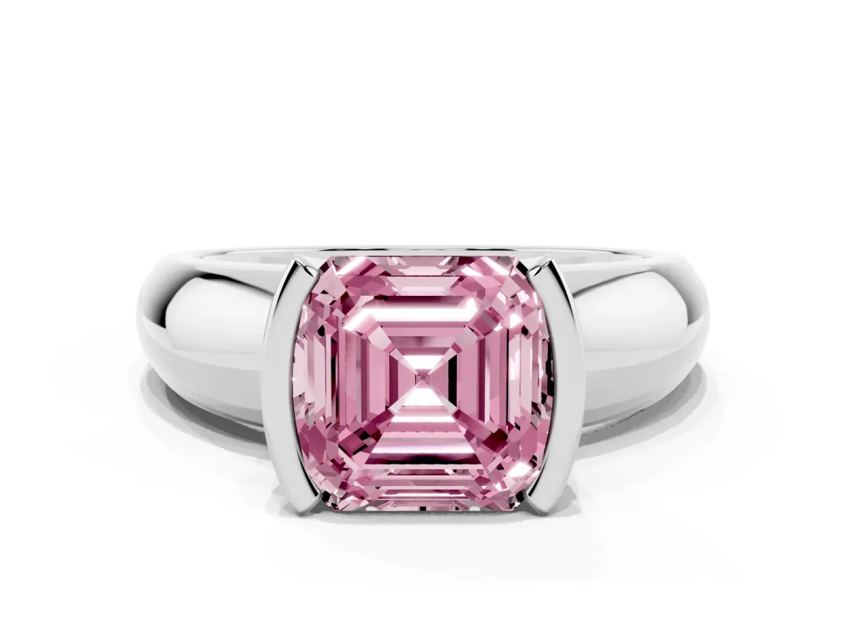 Fancy Pink Asscher Cut Solitaire Tension Set Diamond Ring with Wide Band Silver