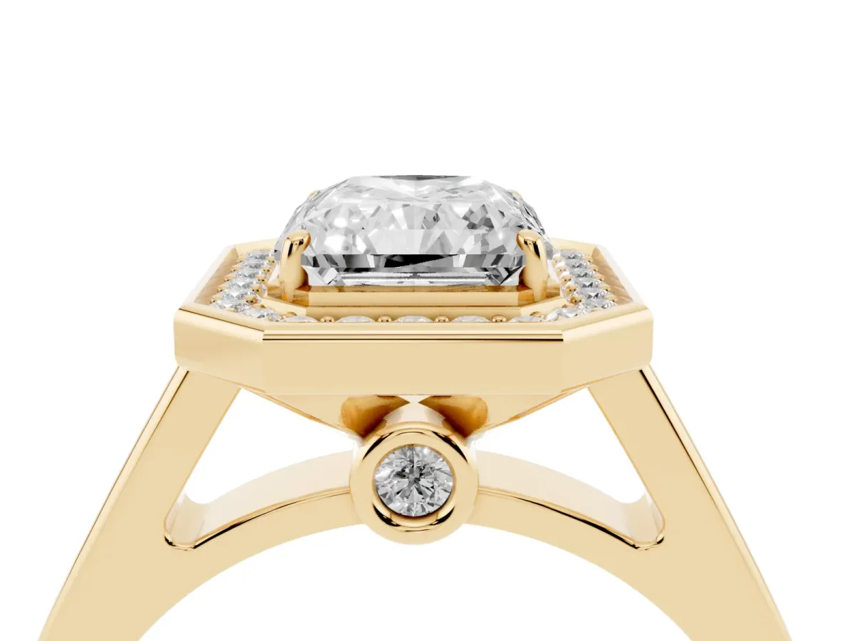 Radiant Cut Halo Solitaire Diamond Ring with Pave Band and Bezel Setting Yellow gold