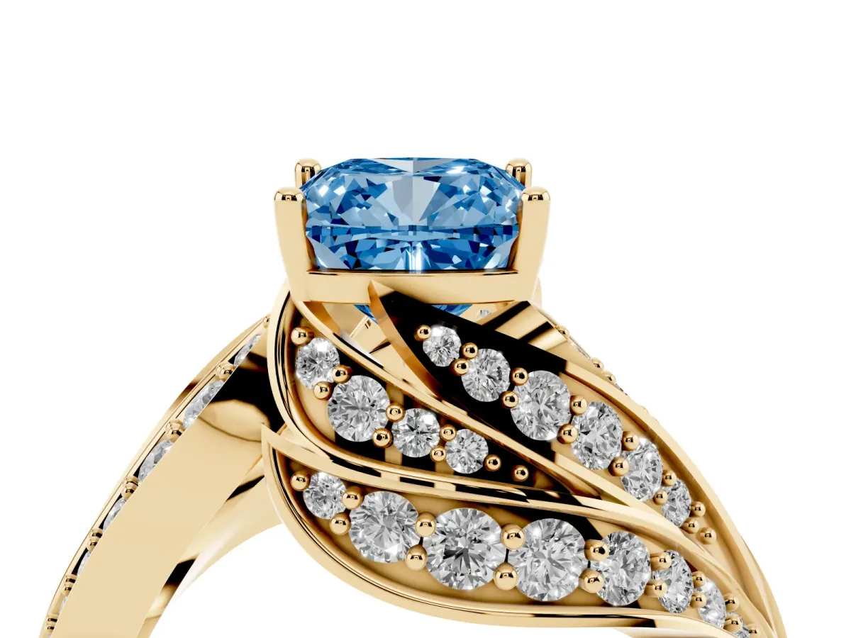 Fancy Blue Cushion Cut Diamond Solitaire Ring with Prong Setting and Twisted Pavé Band Yellow gold