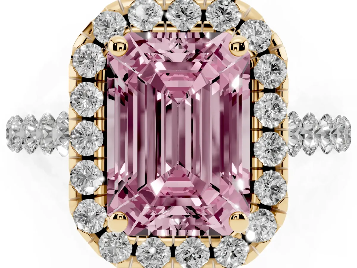 Fancy Pink Emerald Cut Halo Pavé Diamond Engagement Ring with Four-Prong Setting Yellow gold