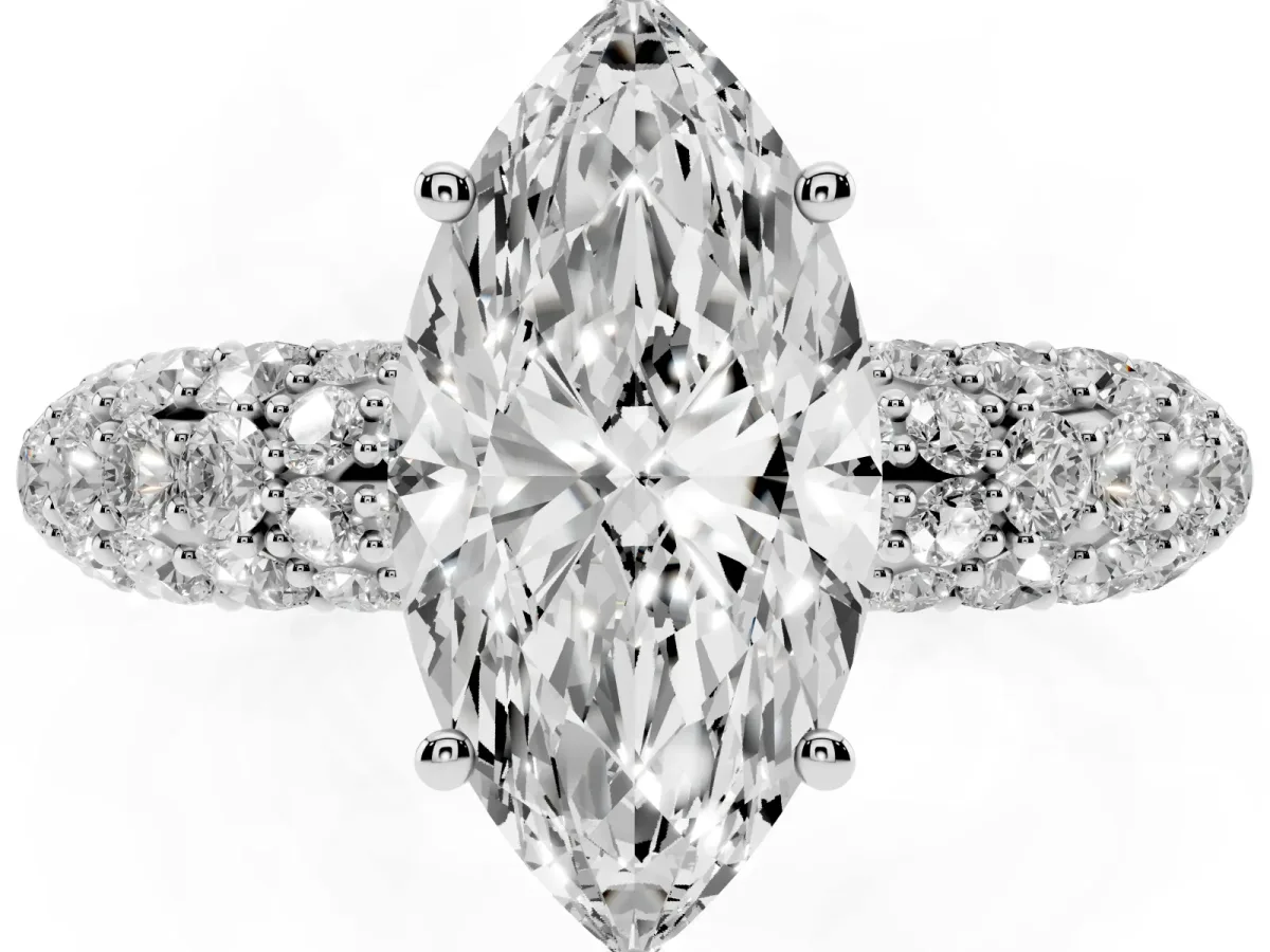 Marquise Cut Diamond Pavé Band Solitaire Ring with Four-Prong Setting Platinum