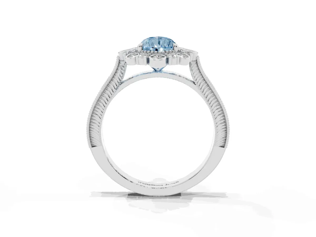 Fancy Blue Pear Cut Halo Milgrain Pave Diamond Ring with Four-Prong Setting Silver