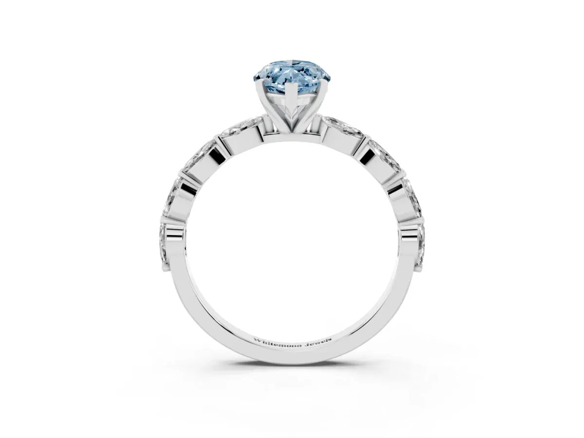 Fancy Blue Marquise Cut Diamond Ring with Marquise Side Stones and Prong Setting White gold