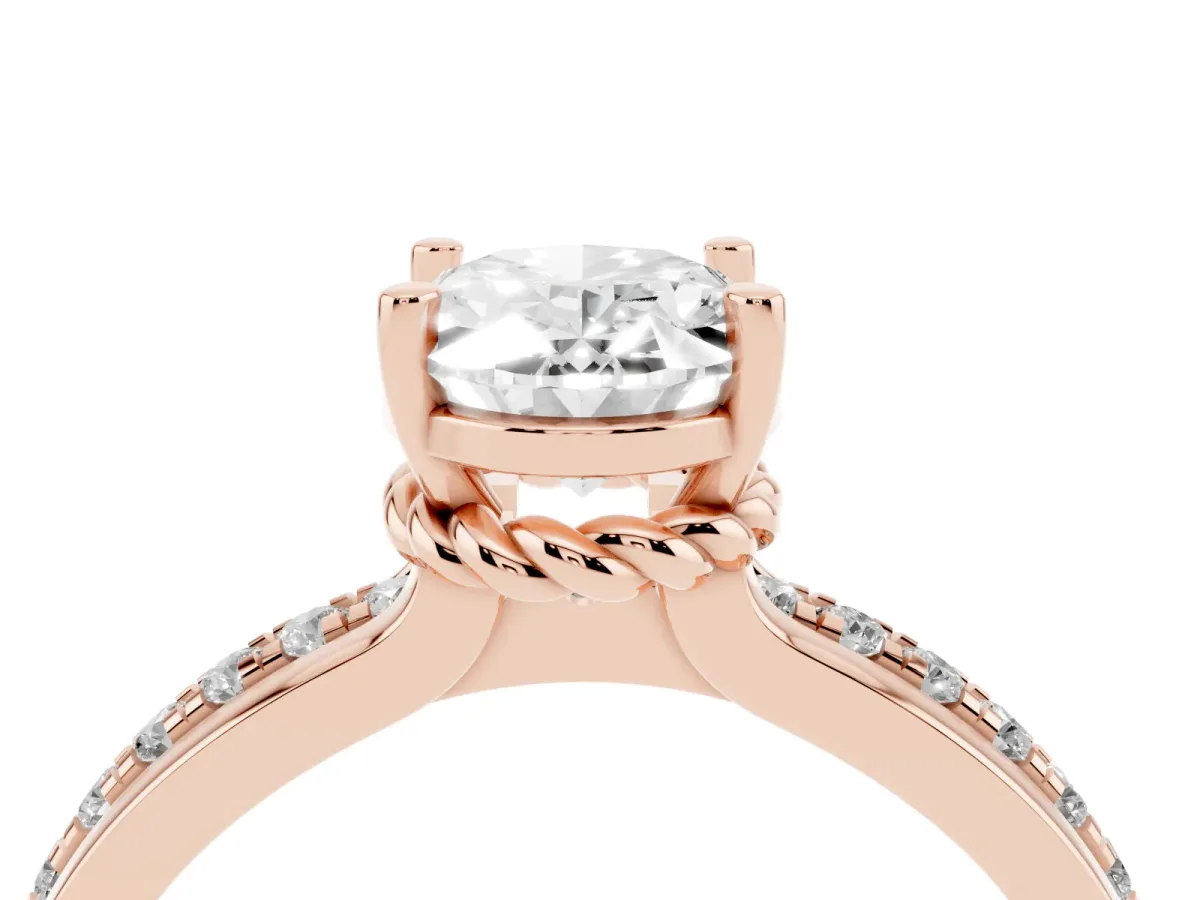 Oval Cut Solitaire Diamond Ring with Channel Set Band and Six-Prong Setting Rose gold