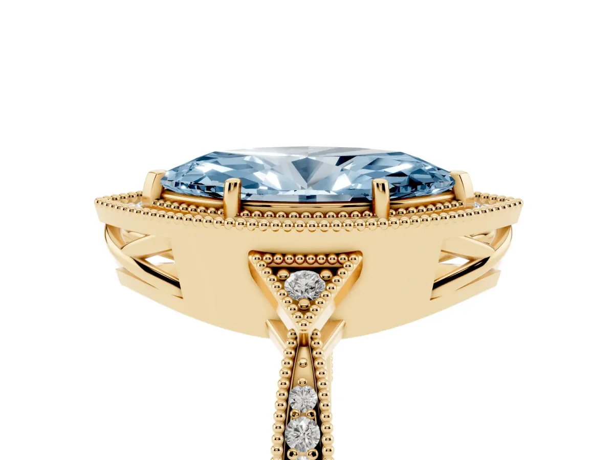 Fancy Blue Marquise Cut Halo Round Diamond Milgrain Pave Engagement Ring Yellow gold